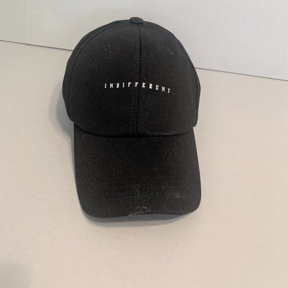 ACCESSORIES - unisex Black INDIFFERENT Graphic Baseball Cap HAT white lettering - Picture 1 of 10